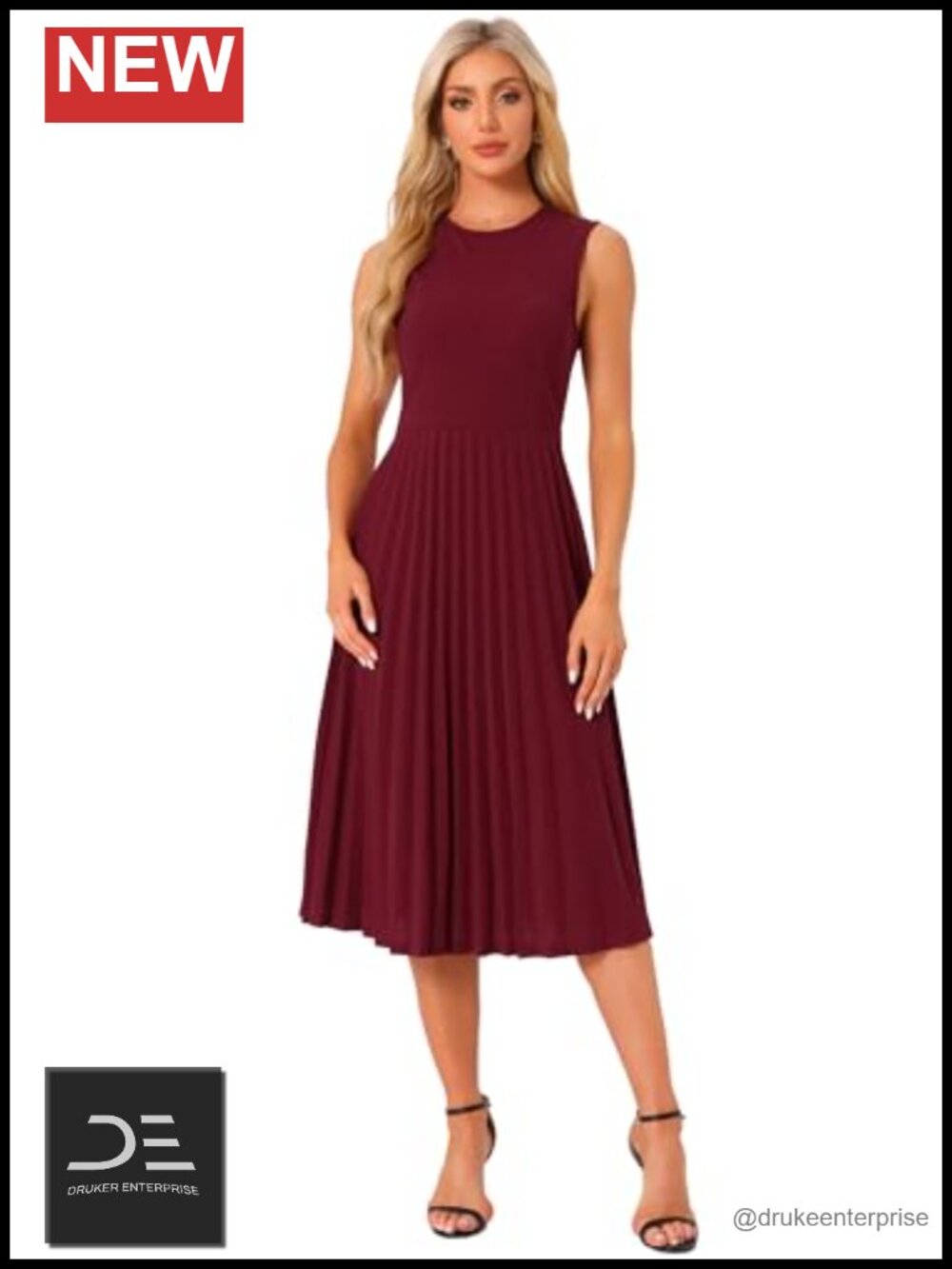 Sleeveless Pleated Midi Dress Ruffle Hem Crew Neck A-line